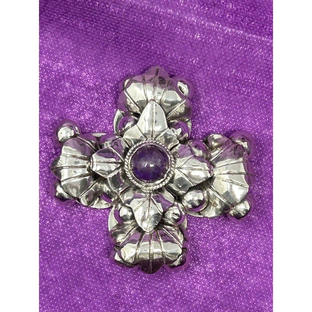 Vintage Mexican 925 Sterling Silver Amethyst Cross Pendant 62g Pre 1948 - Picture 3 of 16